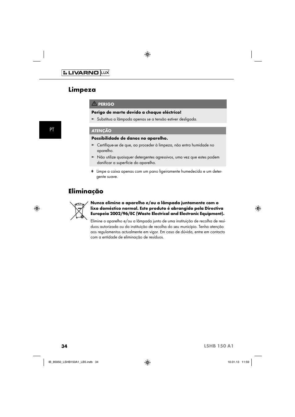 Limpeza, Eliminação | Livarno LSHB 150 A1 User Manual | Page 37 / 64