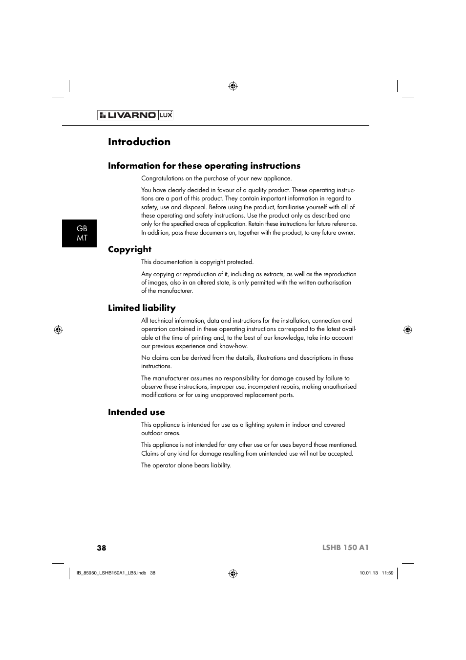 Introduction, Information for these operating instructions, Copyright | Limited liability, Intended use, Gb mt | Livarno LSHB 150 A1 User Manual | Page 41 / 64