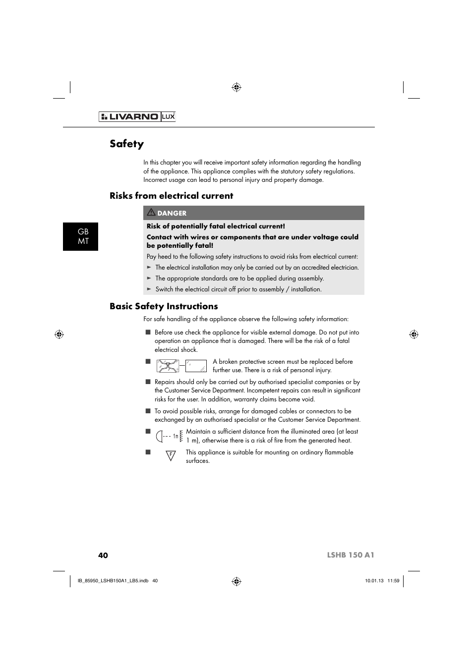 Safety, Risks from electrical current, Basic safety instructions | Gb mt | Livarno LSHB 150 A1 User Manual | Page 43 / 64