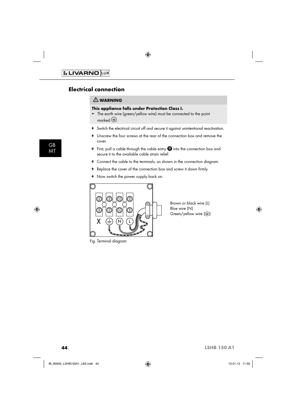 Electrical connection, Gb mt | Livarno LSHB 150 A1 User Manual | Page 47 / 64