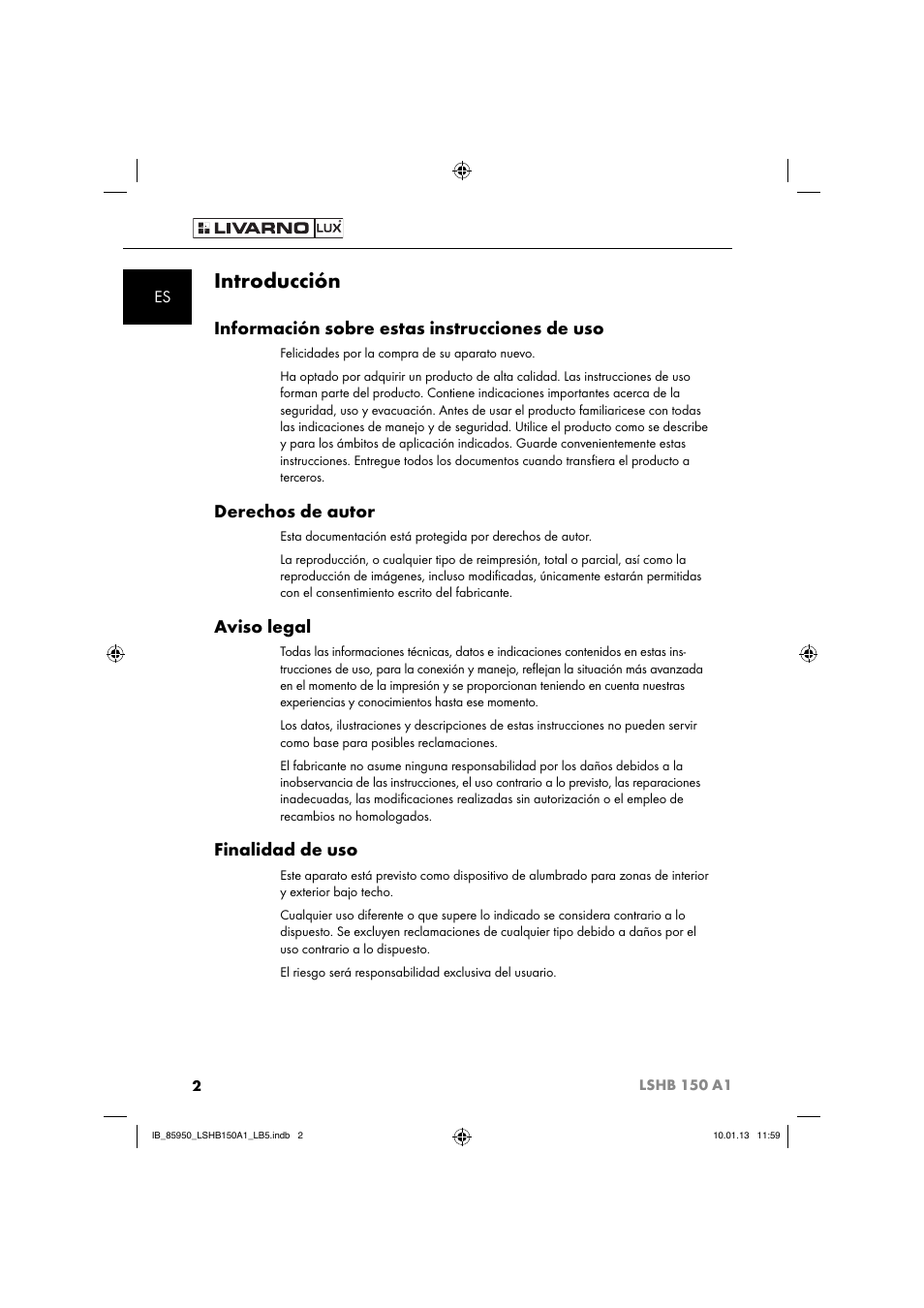 Introducción, Información sobre estas instrucciones de uso, Derechos de autor | Aviso legal, Finalidad de uso | Livarno LSHB 150 A1 User Manual | Page 5 / 64