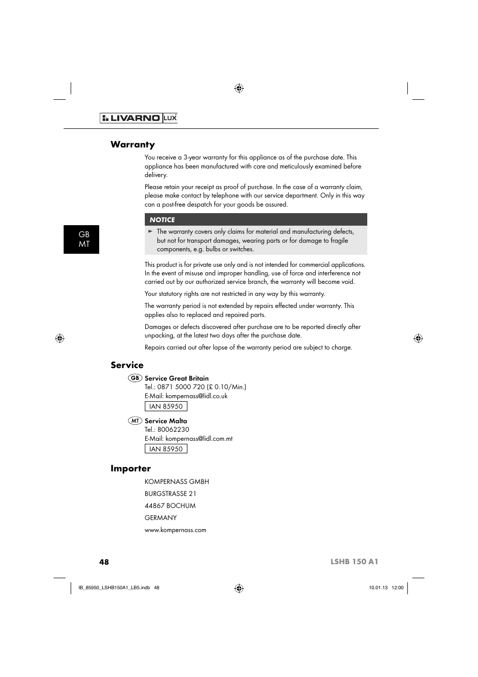 Warranty, Service, Importer | Gb mt | Livarno LSHB 150 A1 User Manual | Page 51 / 64