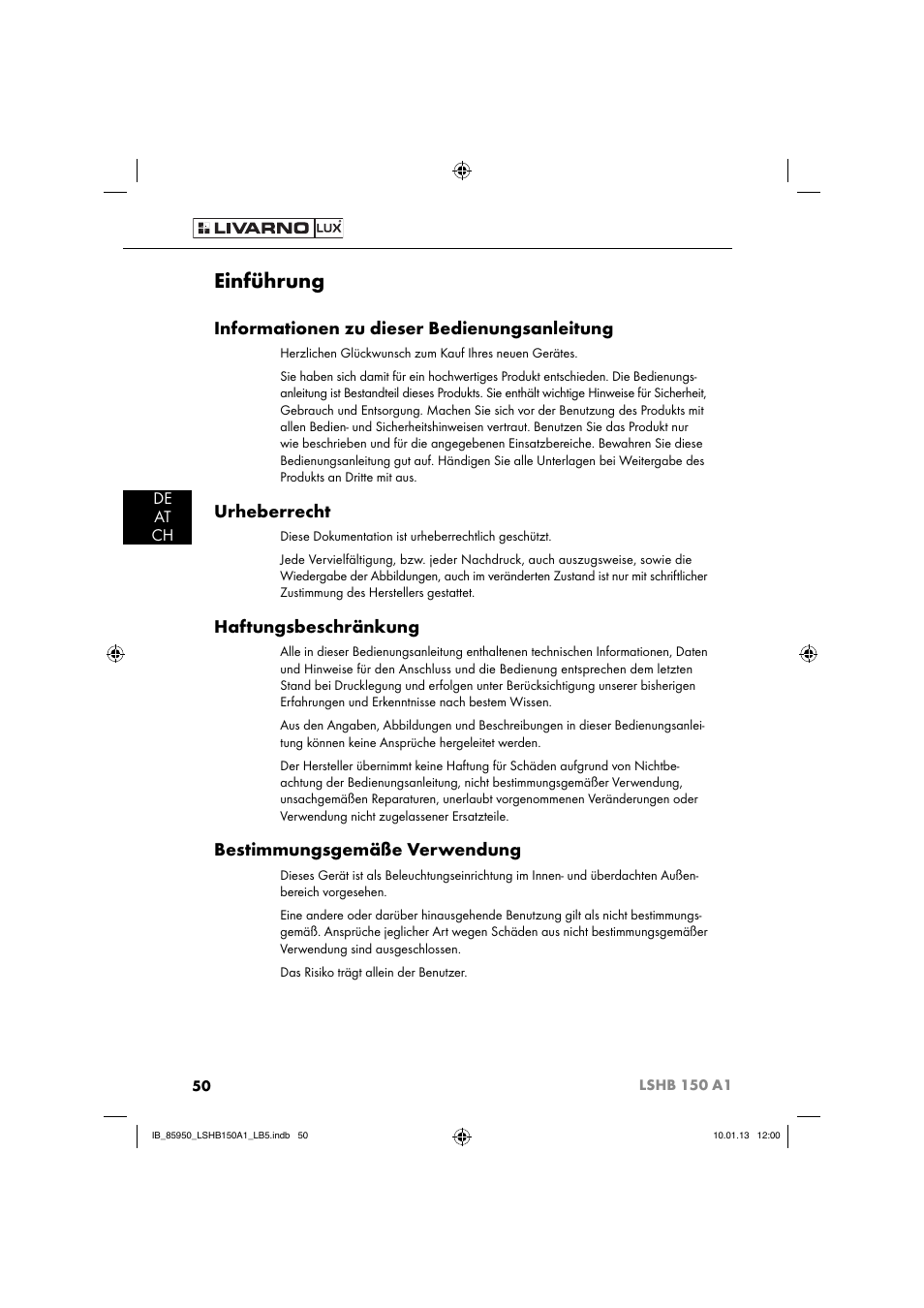 Einführung, Informationen zu dieser bedienungsanleitung, Urheberrecht | Haftungsbeschränkung, Bestimmungsgemäße verwendung, De at ch | Livarno LSHB 150 A1 User Manual | Page 53 / 64