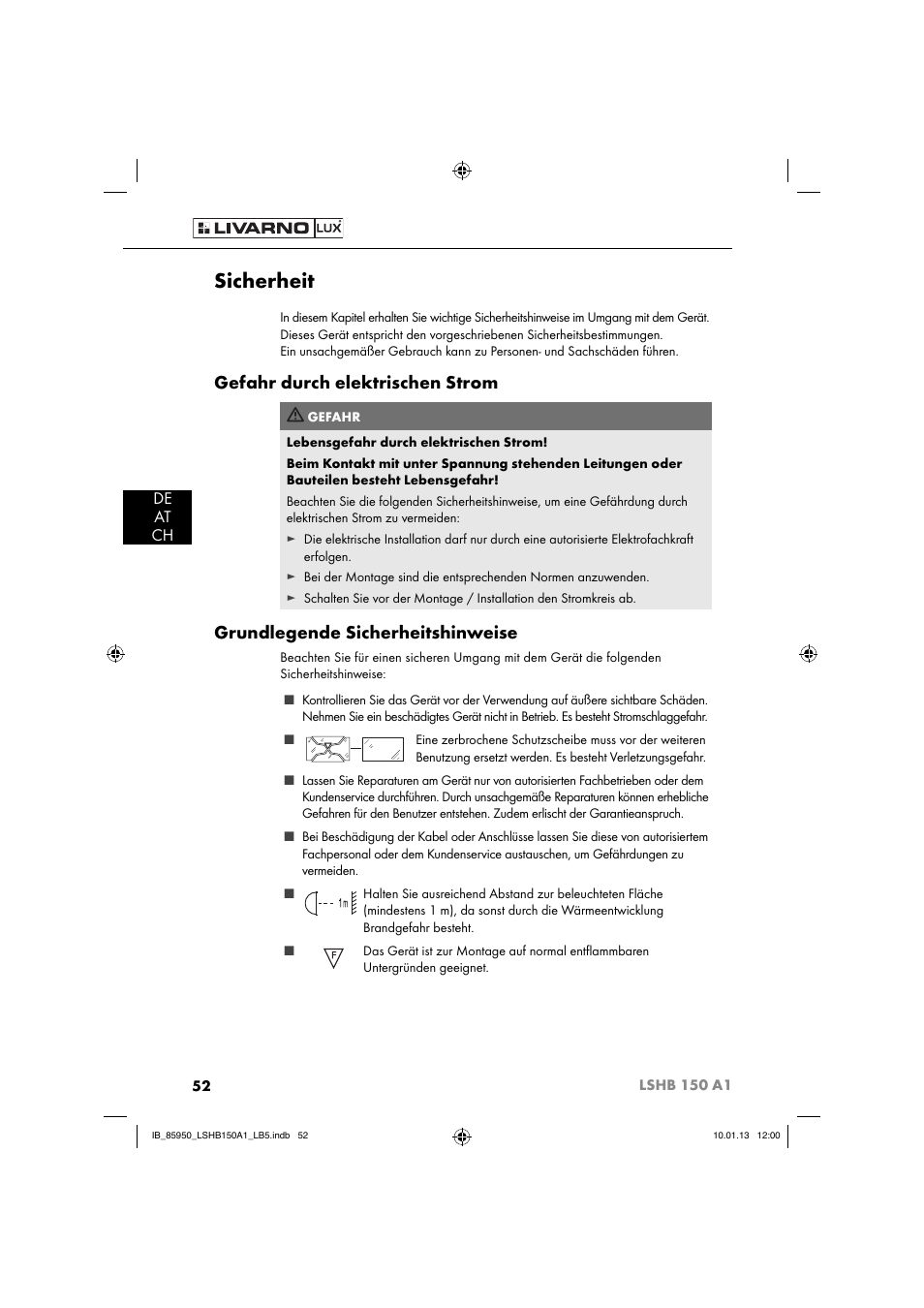 Sicherheit, Gefahr durch elektrischen strom, Grundlegende sicherheitshinweise | De at ch | Livarno LSHB 150 A1 User Manual | Page 55 / 64