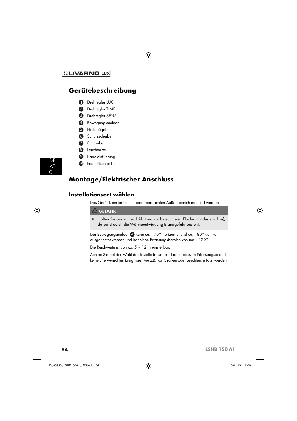 Gerätebeschreibung, Montage/elektrischer anschluss, Installationsort wählen | De at ch | Livarno LSHB 150 A1 User Manual | Page 57 / 64