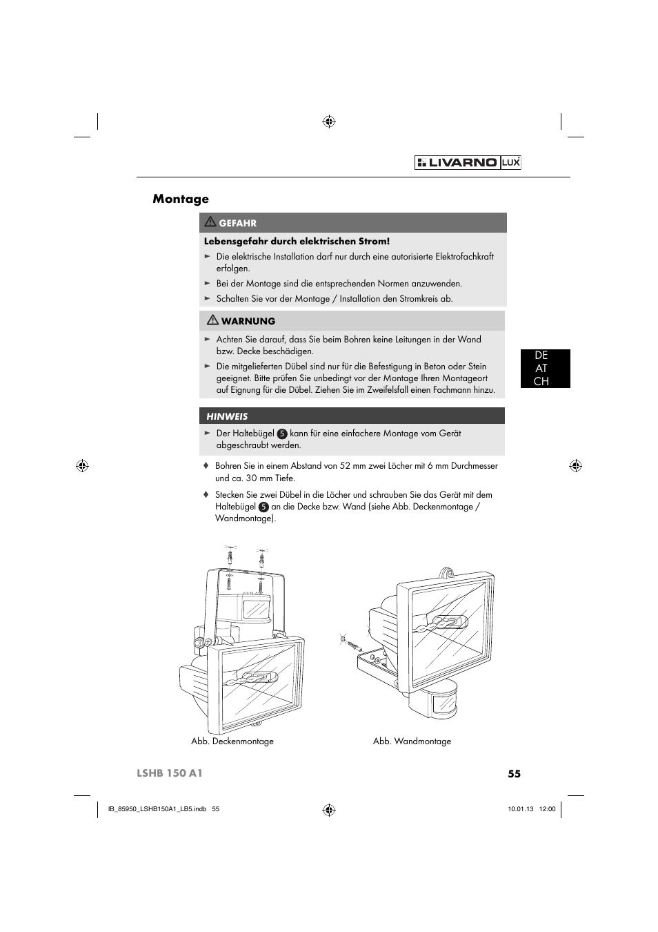 Montage, De at ch | Livarno LSHB 150 A1 User Manual | Page 58 / 64