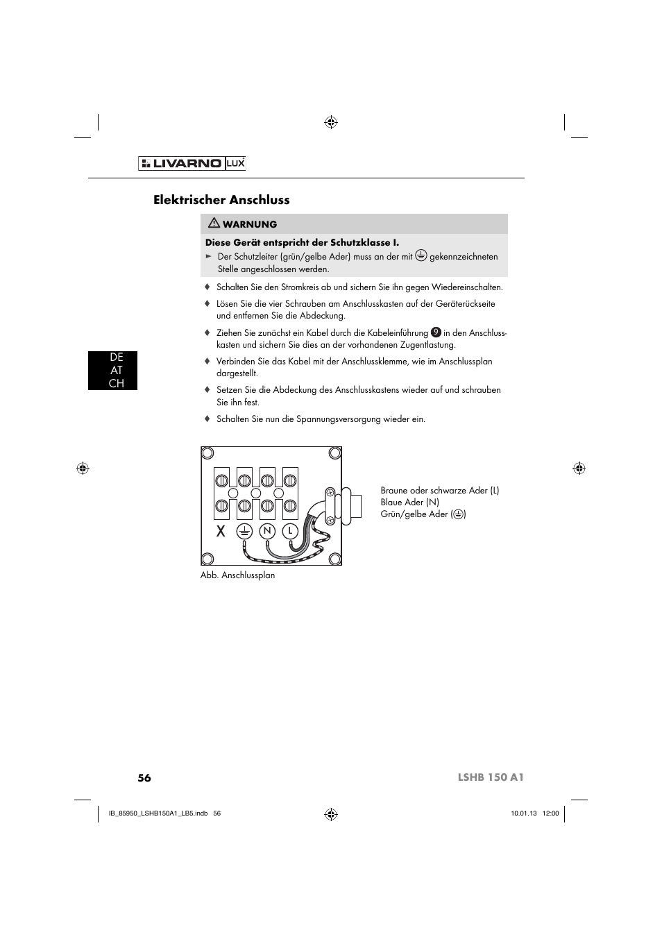 Elektrischer anschluss, De at ch | Livarno LSHB 150 A1 User Manual | Page 59 / 64