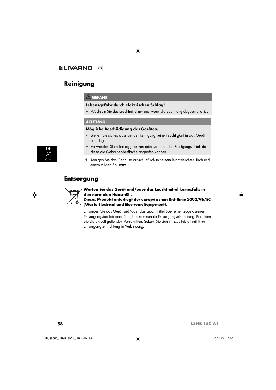 Reinigung, Entsorgung, De at ch | Livarno LSHB 150 A1 User Manual | Page 61 / 64