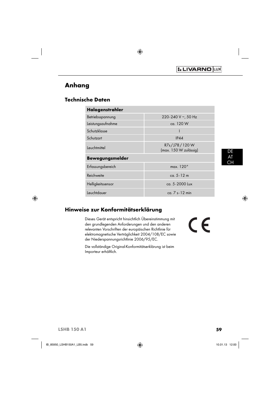 Anhang, Technische daten, Hinweise zur konformitätserklärung | De at ch | Livarno LSHB 150 A1 User Manual | Page 62 / 64