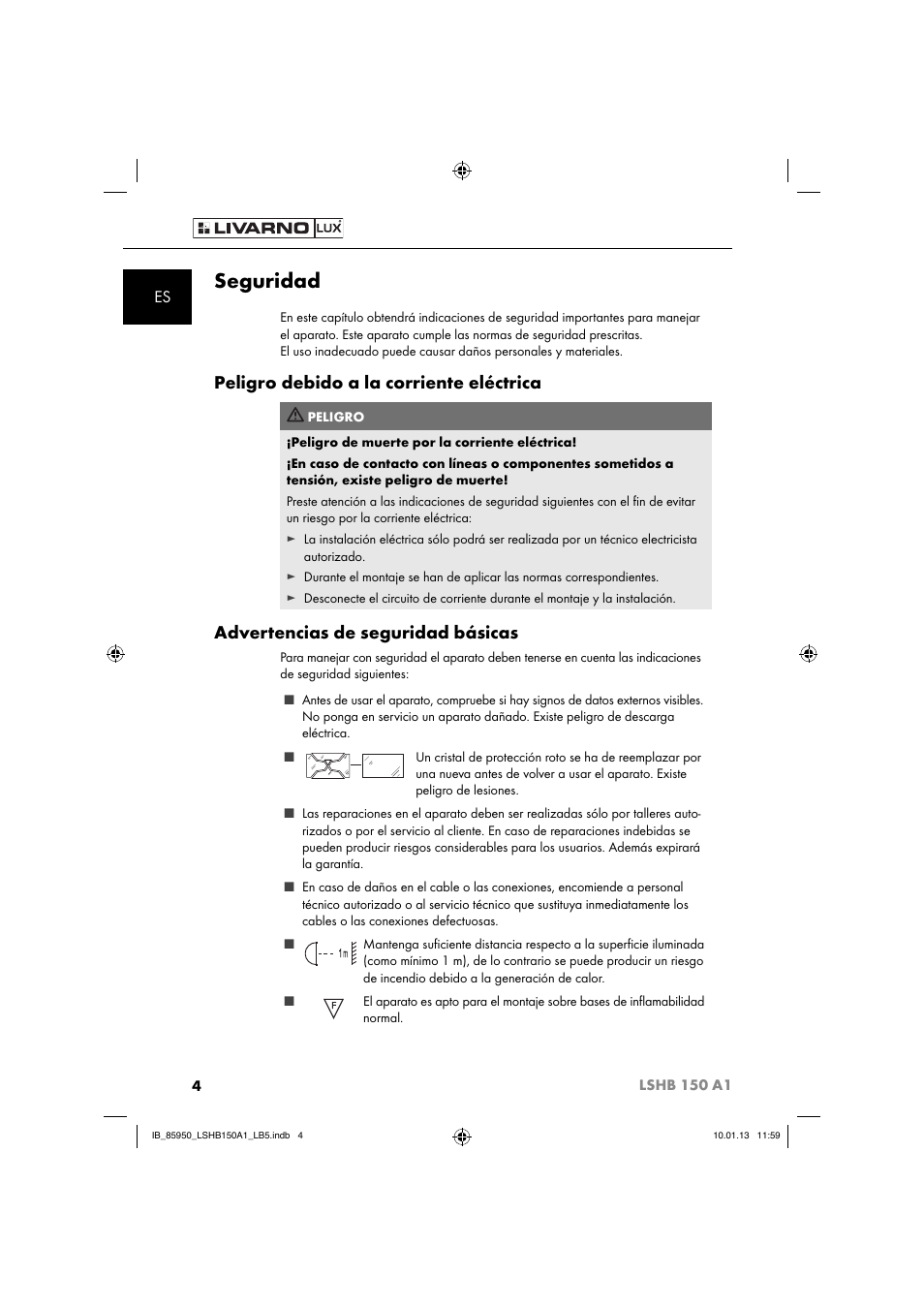 Seguridad, Peligro debido a la corriente eléctrica, Advertencias de seguridad básicas | Livarno LSHB 150 A1 User Manual | Page 7 / 64