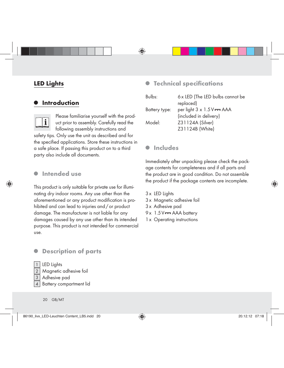 Led lights, Introduction, Intended use | Description of parts, Technical speciﬁcations, Includes | Livarno Z31124A Z31124B User Manual | Page 20 / 29