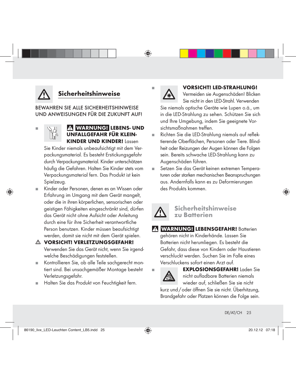 Sicherheitshinweise, Sicherheitshinweise zu batterien | Livarno Z31124A Z31124B User Manual | Page 25 / 29