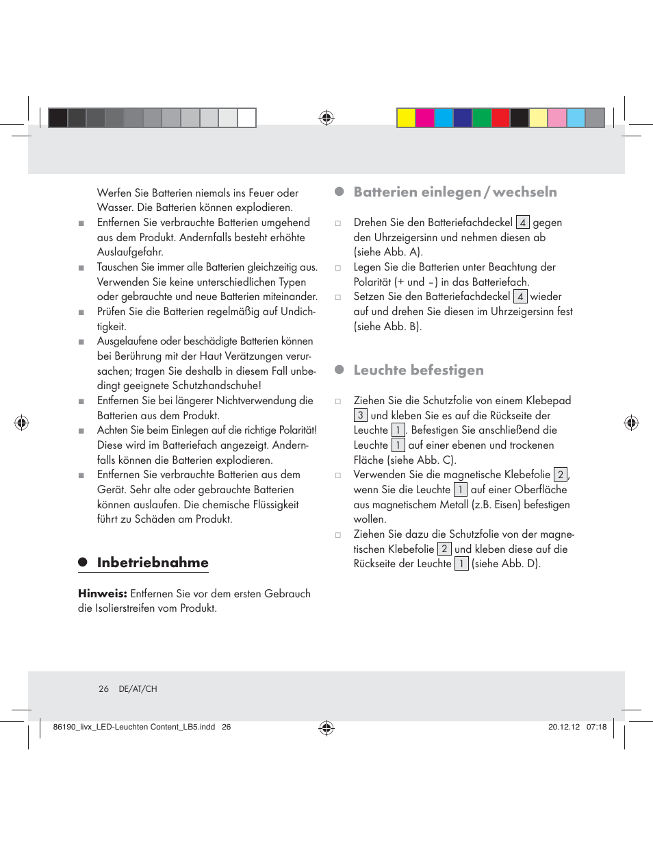 Inbetriebnahme, Batterien einlegen / wechseln, Leuchte befestigen | Livarno Z31124A Z31124B User Manual | Page 26 / 29