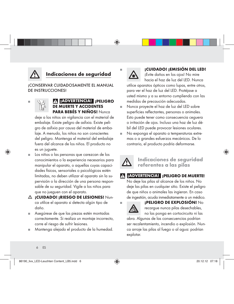 Indicaciones de seguridad, Indicaciones de seguridad referentes a las pilas | Livarno Z31124A Z31124B User Manual | Page 6 / 29