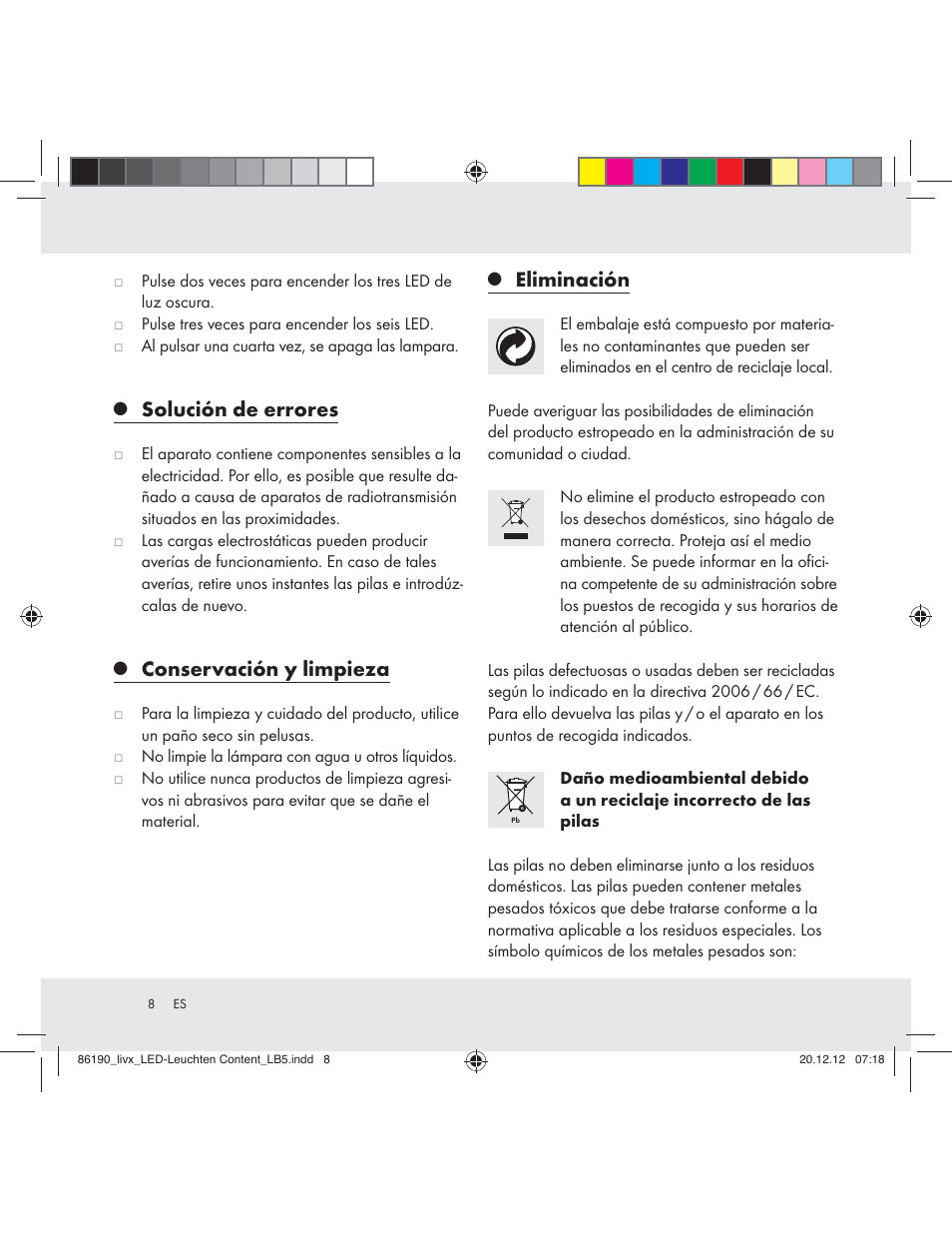 Solución de errores, Conservación y limpieza, Eliminación | Livarno Z31124A Z31124B User Manual | Page 8 / 29