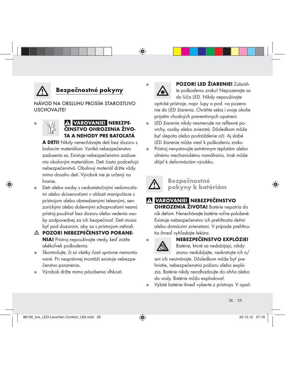 Bezpečnostné pokyny, Bezpečnostné pokyny k batériám | Livarno Z31124A Z31124B User Manual | Page 29 / 37