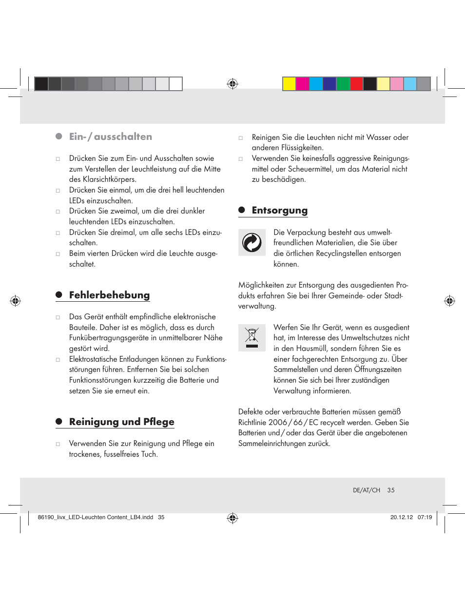 Ein- / ausschalten, Fehlerbehebung, Reinigung und pﬂege | Entsorgung | Livarno Z31124A Z31124B User Manual | Page 35 / 37