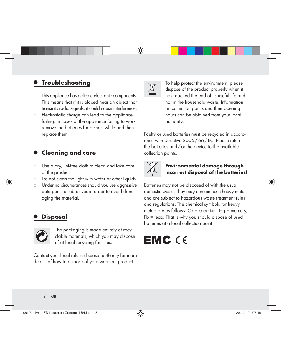 Troubleshooting, Cleaning and care, Disposal | Livarno Z31124A Z31124B User Manual | Page 8 / 37