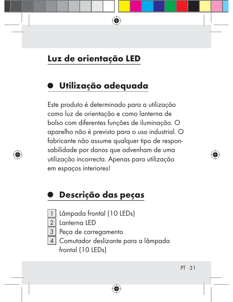 Luz de orientação led utilização adequada, Descrição das peças | Livarno Z31330-BS User Manual | Page 31 / 65