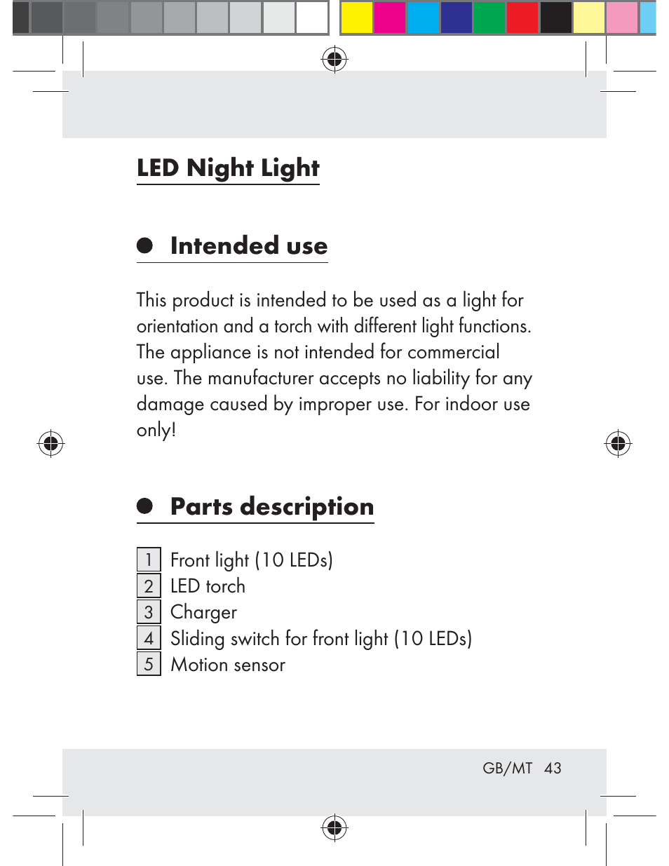 Led night light, Intended use, Parts description | Livarno Z31330-BS User Manual | Page 43 / 65