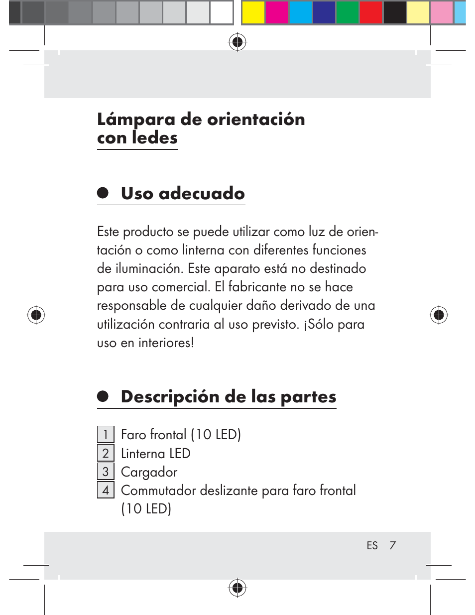 Lámpara de orientación con ledes uso adecuado, Descripción de las partes | Livarno Z31330-BS User Manual | Page 7 / 65