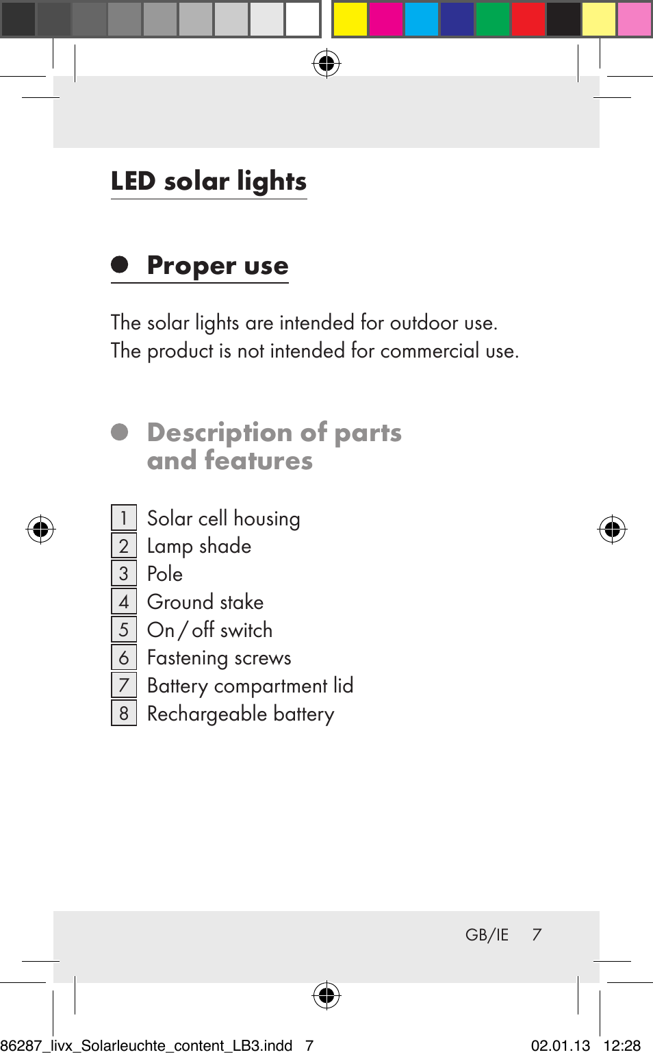 Led solar lights, Proper use, Description of parts and features | Livarno Z31390 User Manual | Page 7 / 19