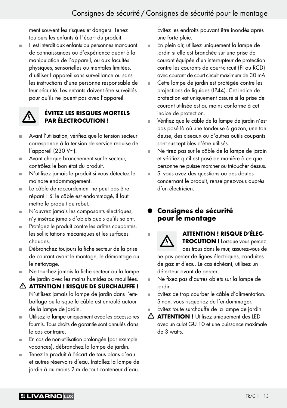 Consignes de sécurité pour le montage | Livarno 3077-025L User Manual | Page 12 / 36