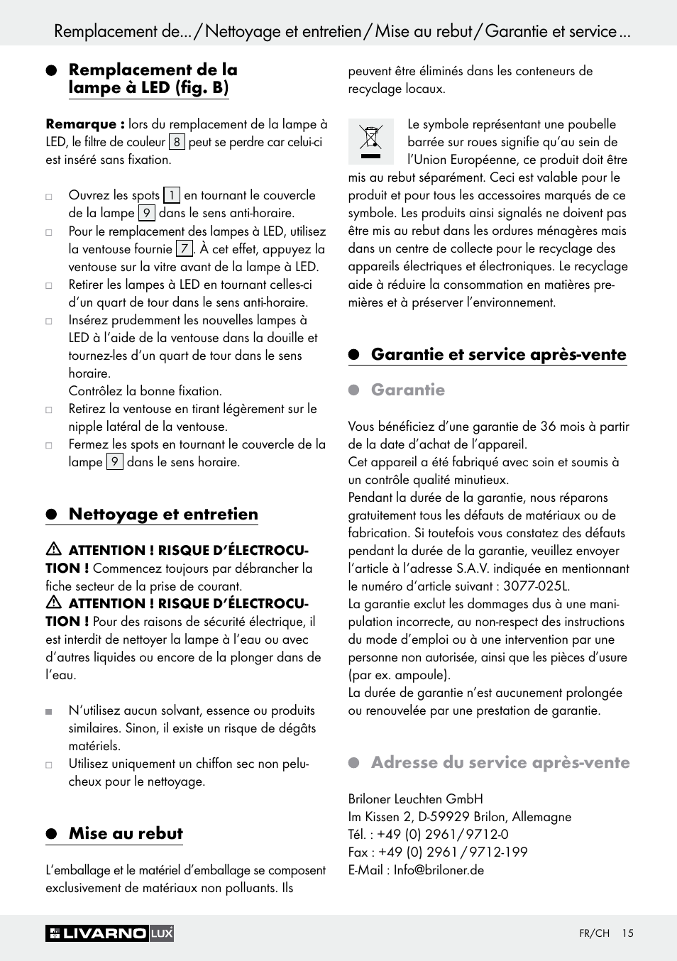 Remplacement de la lampe à led (fig. b), Nettoyage et entretien, Mise au rebut | Garantie et service après-vente, Garantie, Adresse du service après-vente, Remplacement de la lampe à led, Garantie et service après-vente garantie | Livarno 3077-025L User Manual | Page 14 / 36