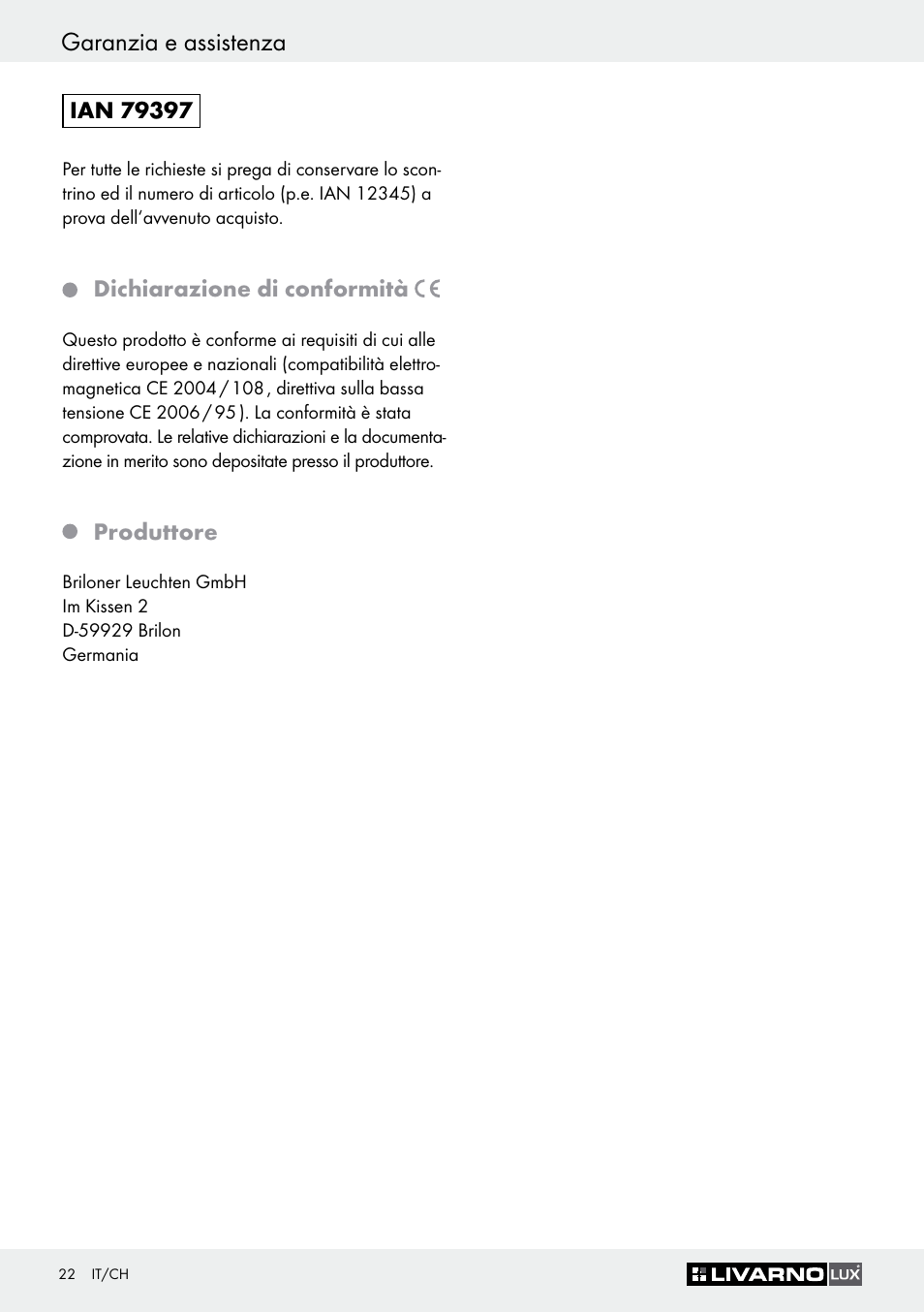 Dichiarazione di conformità, Produttore, Garanzia e assistenza | Livarno 3077-025L User Manual | Page 21 / 36