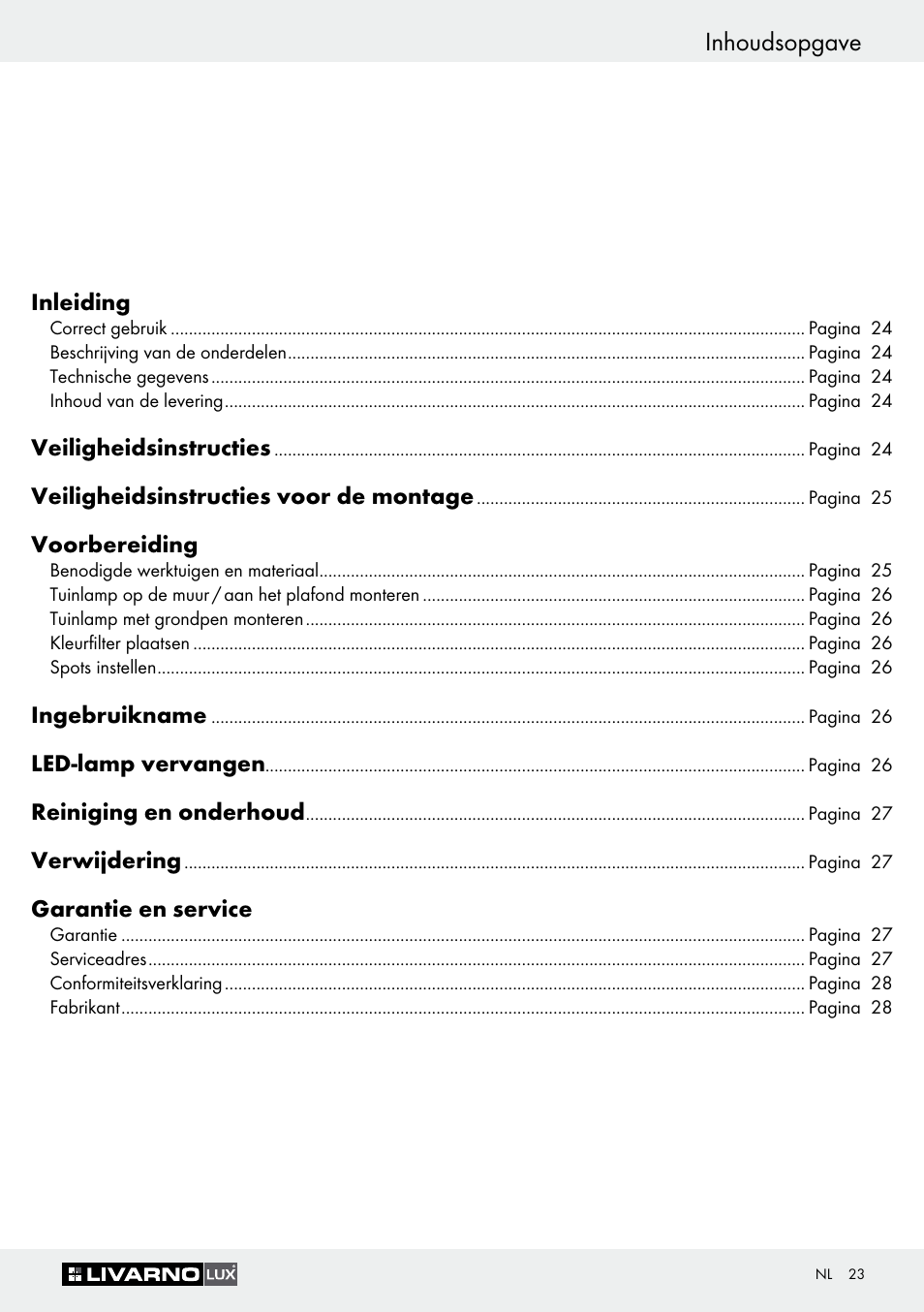 Inhoudsopgave | Livarno 3077-025L User Manual | Page 22 / 36