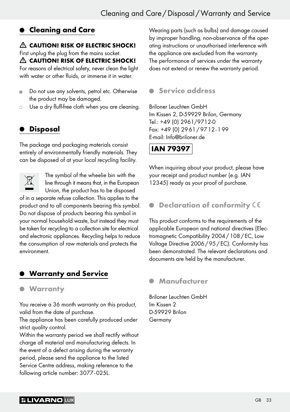 Cleaning and care, Disposal, Warranty and service | Warranty, Service address, Declaration of conformity, Manufacturer, Warranty and service warranty | Livarno 3077-025L User Manual | Page 32 / 36