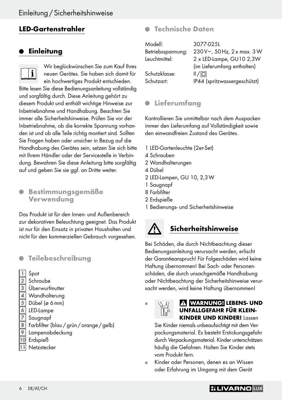 Einleitung, Bestimmungsgemäße verwendung, Teilebeschreibung | Technische daten, Lieferumfang, Sicherheitshinweise, Seite 6, Einleitung / sicherheitshinweise, Led-gartenstrahler einleitung | Livarno 3077-025L User Manual | Page 5 / 36