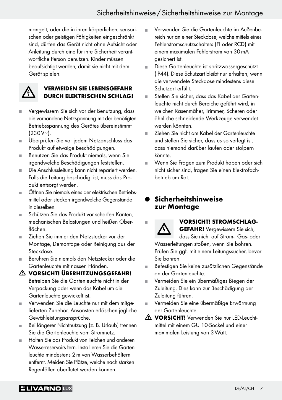 Sicherheitshinweise zur montage, Seite 7 | Livarno 3077-025L User Manual | Page 6 / 36