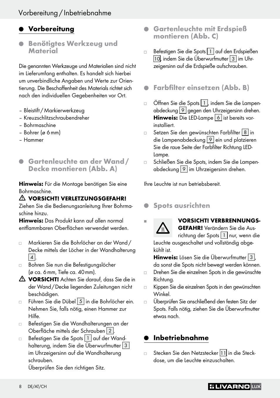 Vorbereitung, Benötigtes werkzeug und material, Gartenleuchte mit erdspieß montieren (abb. c) | Farbfilter einsetzen (abb. b), Spots ausrichten, Inbetriebnahme, Seite 8, Vorbereitung / inbetriebnahme, Vorbereitung benötigtes werkzeug und material | Livarno 3077-025L User Manual | Page 7 / 36