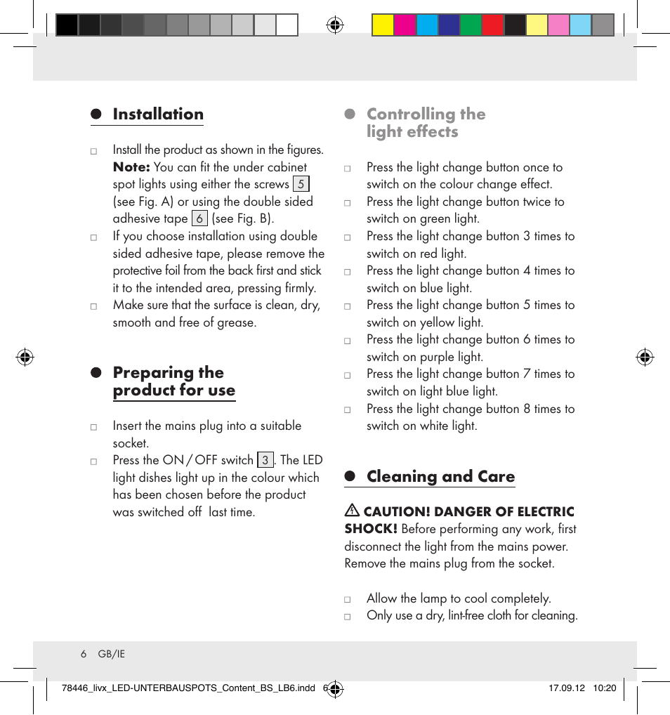 Installation, Preparing the product for use, Controlling the light effects | Cleaning and care | Livarno Z31357-BS User Manual | Page 6 / 8