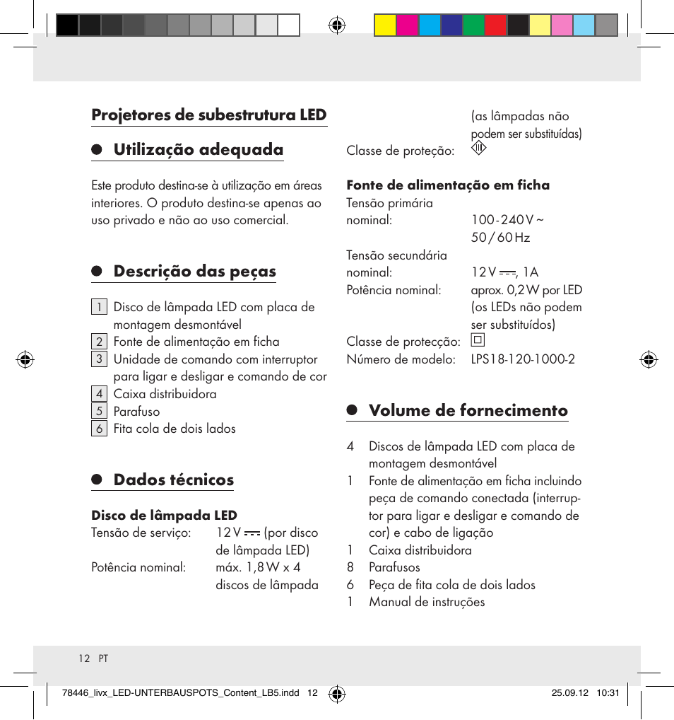 Projetores de subestrutura led utilização adequada, Descrição das peças, Dados técnicos | Volume de fornecimento | Livarno Z31357-BS User Manual | Page 12 / 24