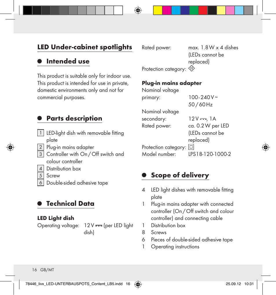 Led under-cabinet spotlights intended use, Parts description, Technical data | Scope of delivery | Livarno Z31357-BS User Manual | Page 16 / 24