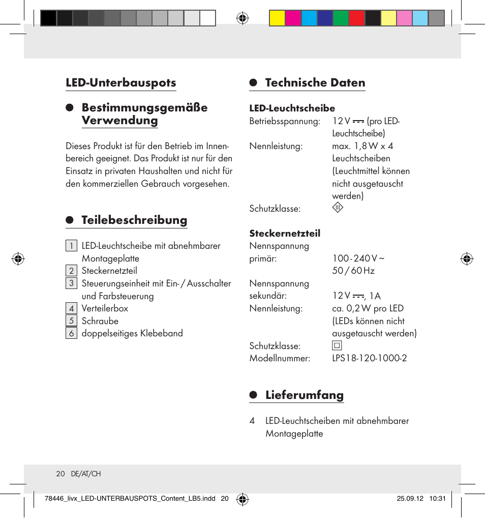 Led-unterbauspots, Bestimmungsgemäße verwendung, Teilebeschreibung | Technische daten, Lieferumfang | Livarno Z31357-BS User Manual | Page 20 / 24