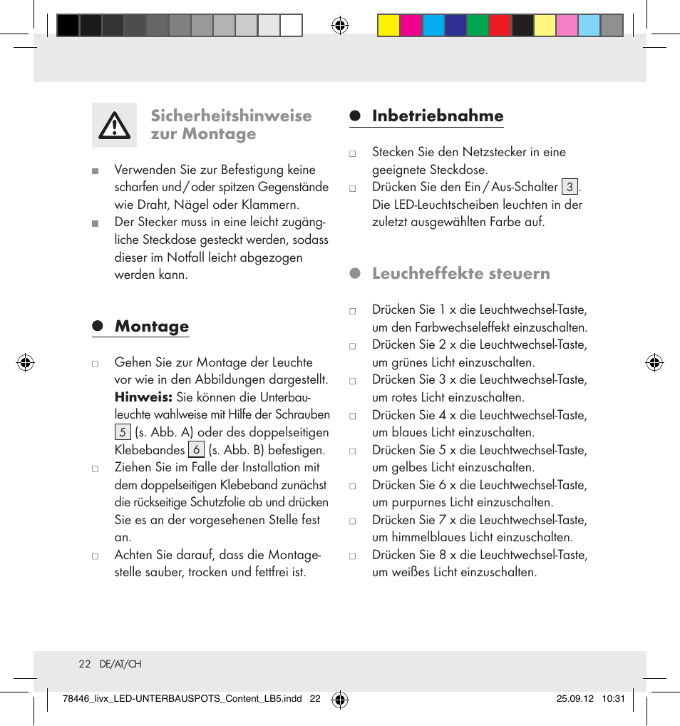 Sicherheitshinweise zur montage, Montage, Inbetriebnahme | Leuchteffekte steuern | Livarno Z31357-BS User Manual | Page 22 / 24