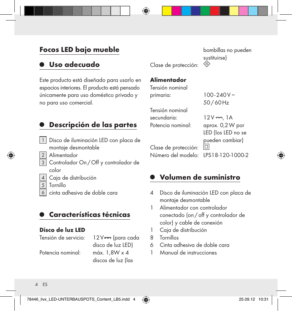 Focos led bajo mueble uso adecuado, Descripción de las partes, Características técnicas | Volumen de suministro | Livarno Z31357-BS User Manual | Page 4 / 24