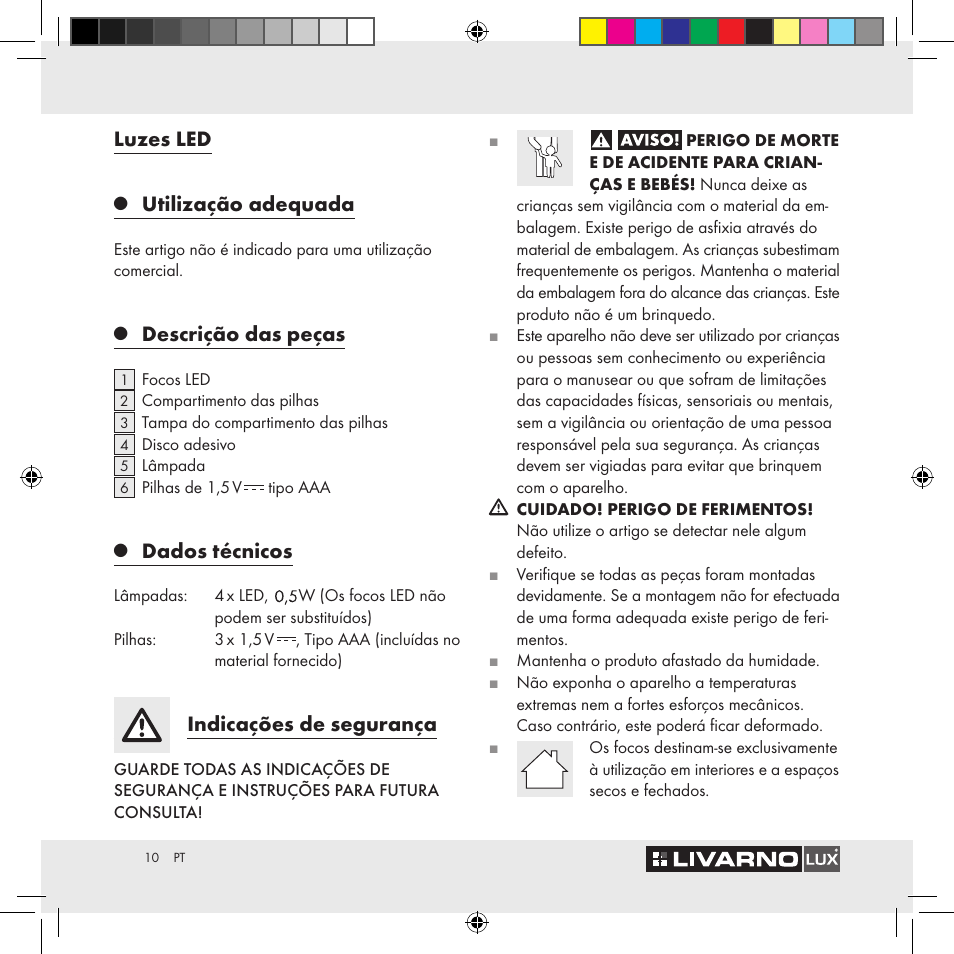 Luzes led, Utilização adequada, Descrição das peças | Dados técnicos, Indicações de segurança | Livarno Z29538A Z29538B User Manual | Page 10 / 19