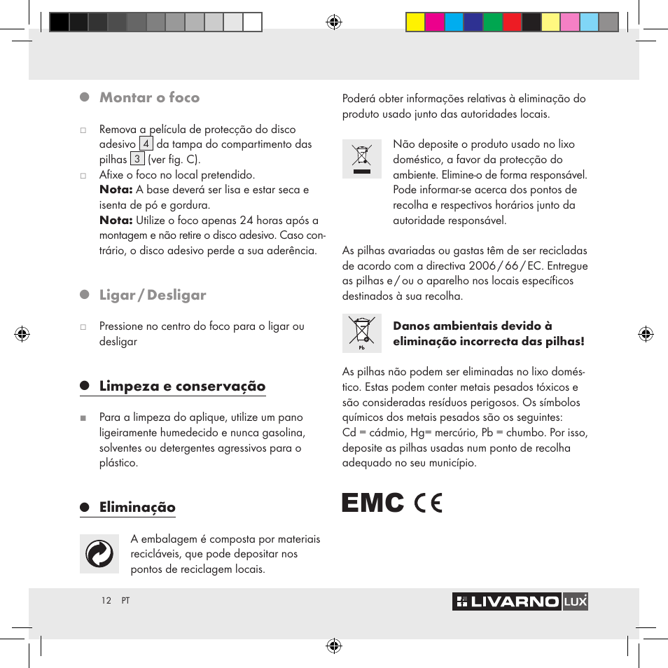 Montar o foco, Ligar / desligar, Limpeza e conservação | Eliminação | Livarno Z29538A Z29538B User Manual | Page 12 / 19