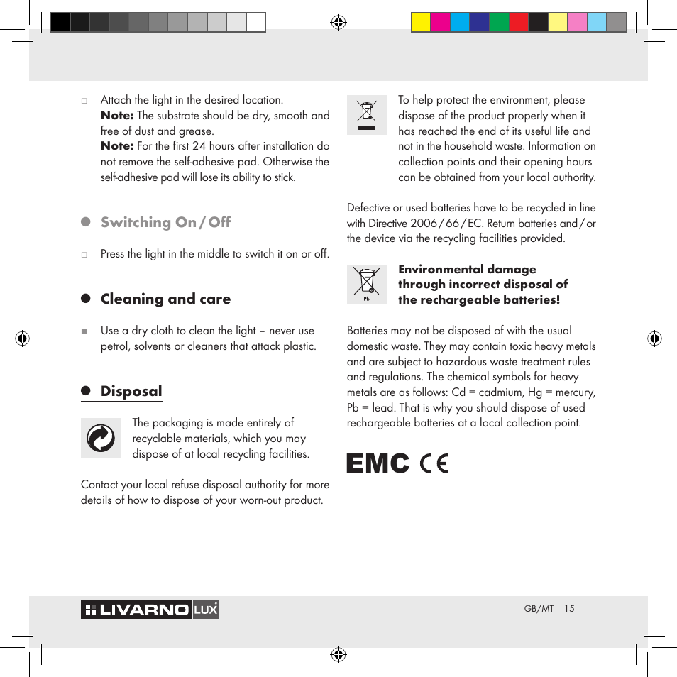 Switching on / off, Cleaning and care, Disposal | Livarno Z29538A Z29538B User Manual | Page 15 / 19