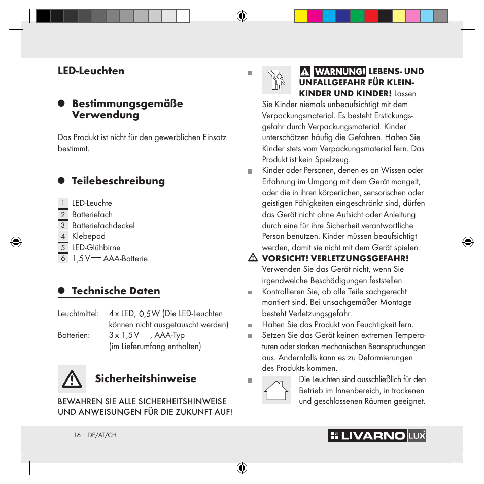 Led-leuchten, Bestimmungsgemäße verwendung, Teilebeschreibung | Technische daten, Sicherheitshinweise | Livarno Z29538A Z29538B User Manual | Page 16 / 19