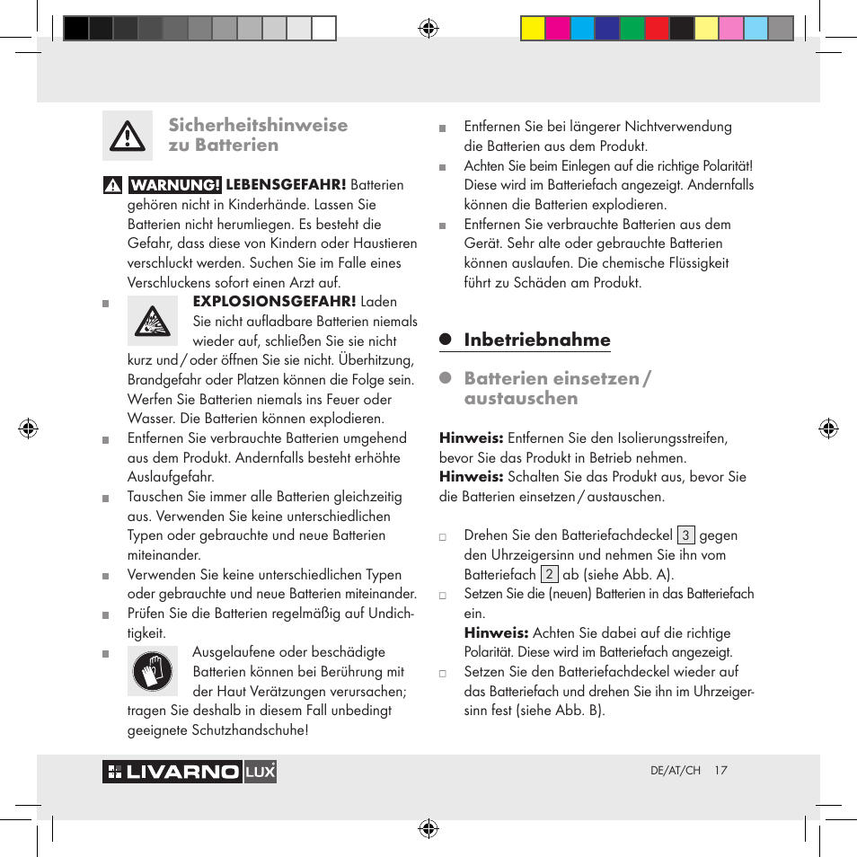 Sicherheitshinweise zu batterien, Inbetriebnahme, Batterien einsetzen / austauschen | Livarno Z29538A Z29538B User Manual | Page 17 / 19