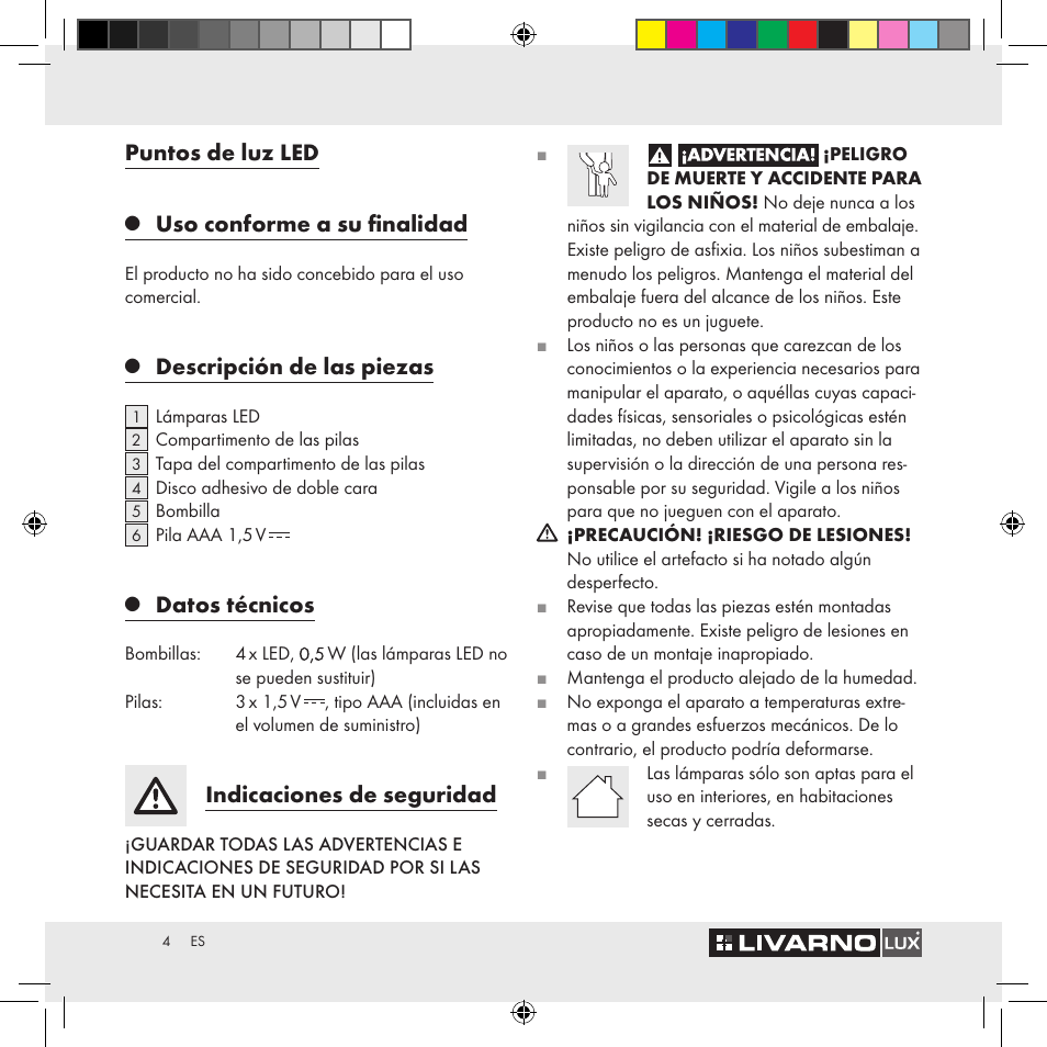 Puntos de luz led, Uso conforme a su finalidad, Descripción de las piezas | Datos técnicos, Indicaciones de seguridad | Livarno Z29538A Z29538B User Manual | Page 4 / 19