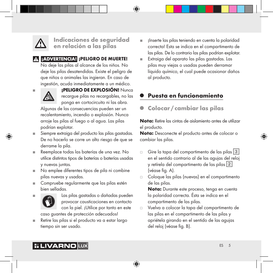 Indicaciones de seguridad en relación a las pilas, Puesta en funcionamiento, Colocar / cambiar las pilas | Livarno Z29538A Z29538B User Manual | Page 5 / 19