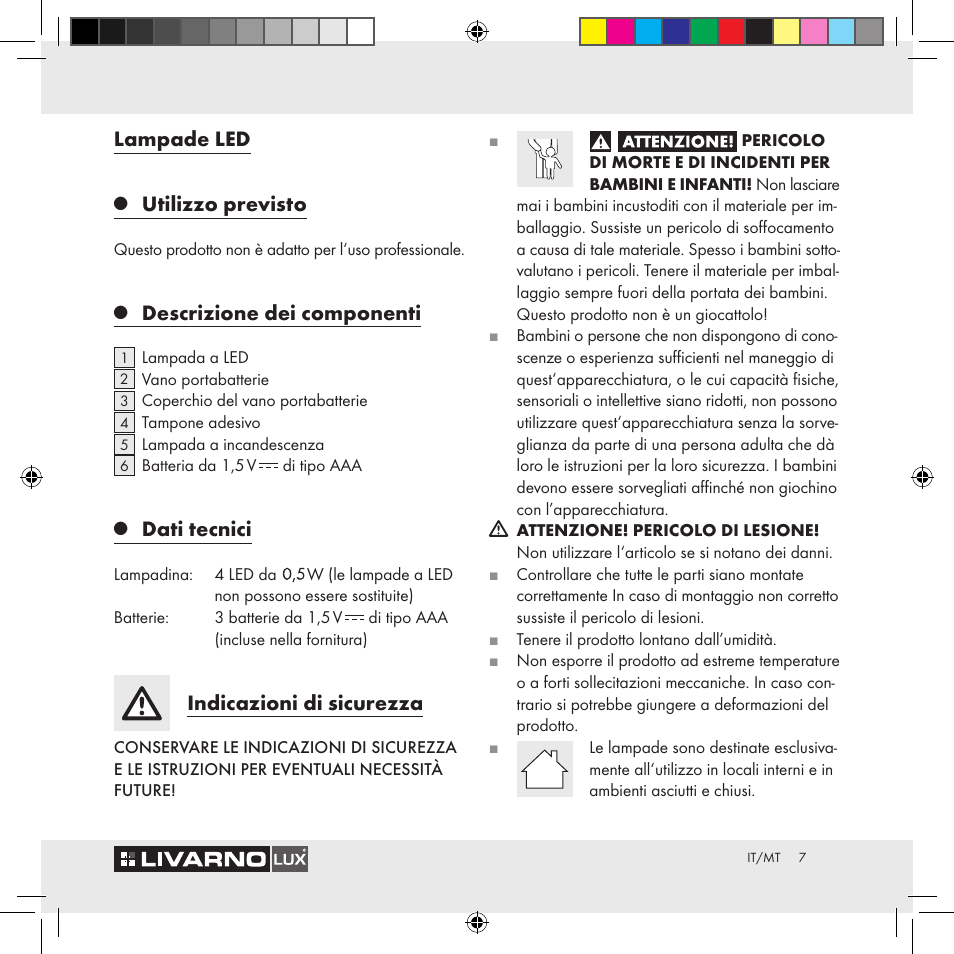 Lampade led, Utilizzo previsto, Descrizione dei componenti | Dati tecnici, Indicazioni di sicurezza | Livarno Z29538A Z29538B User Manual | Page 7 / 19