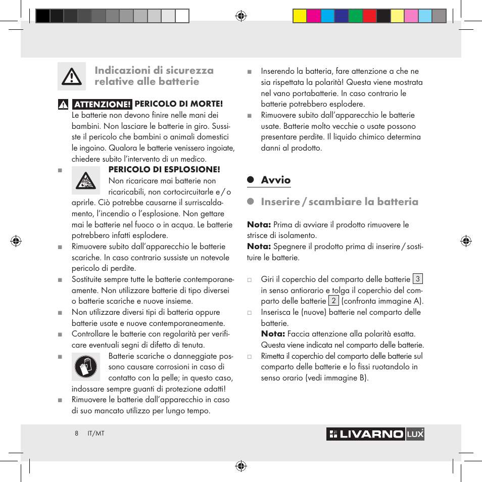 Indicazioni di sicurezza relative alle batterie, Avvio, Inserire / scambiare la batteria | Livarno Z29538A Z29538B User Manual | Page 8 / 19