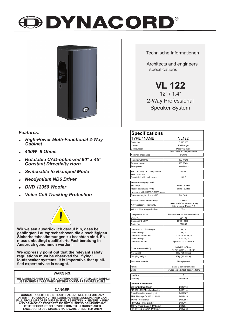 Dynacord VL 122 User Manual | 6 pages